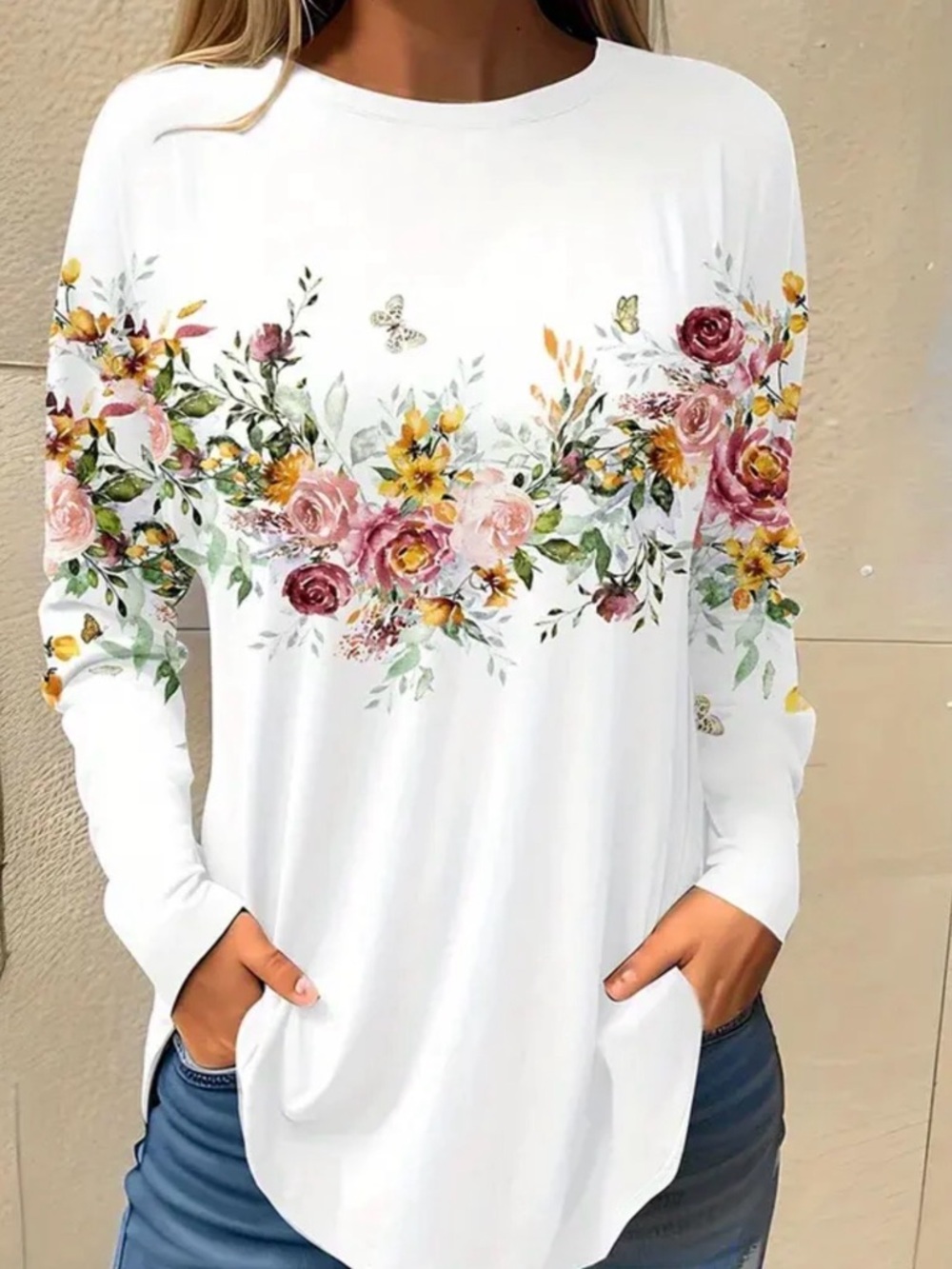White Floral Long-Sleeve Tee with Rose Print